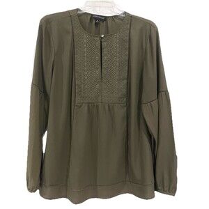 Banana Republic Embroidered Green Crepe Lightweight Long Sleeve Blouse Medium